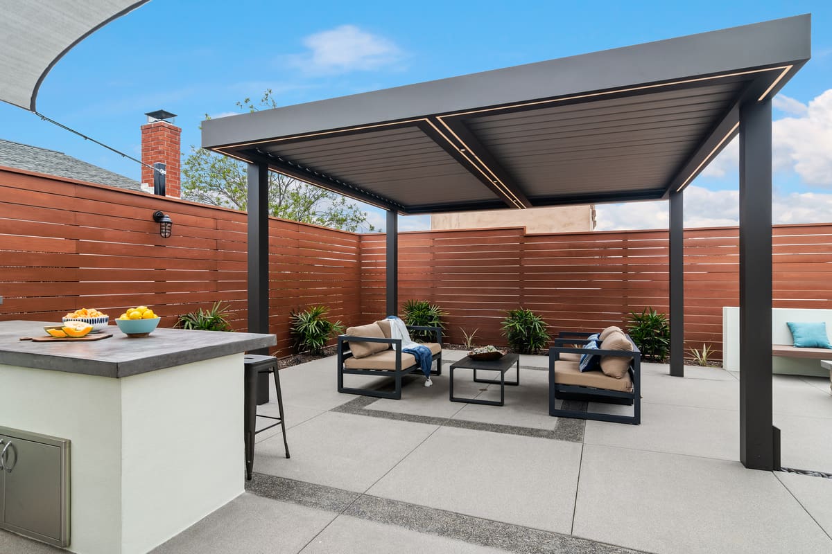 Modern covered patio with seating and counter