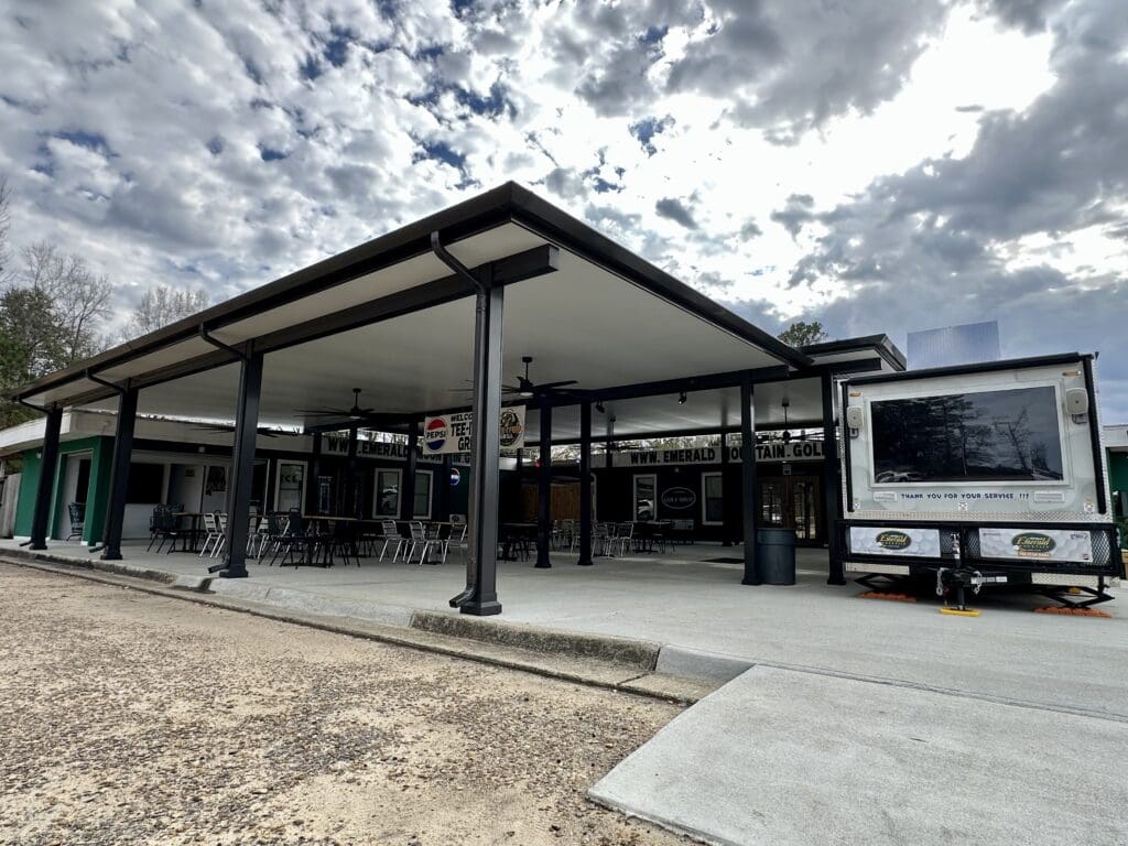Freestanding Covered outdoor dining patio cover with fans & food trailer